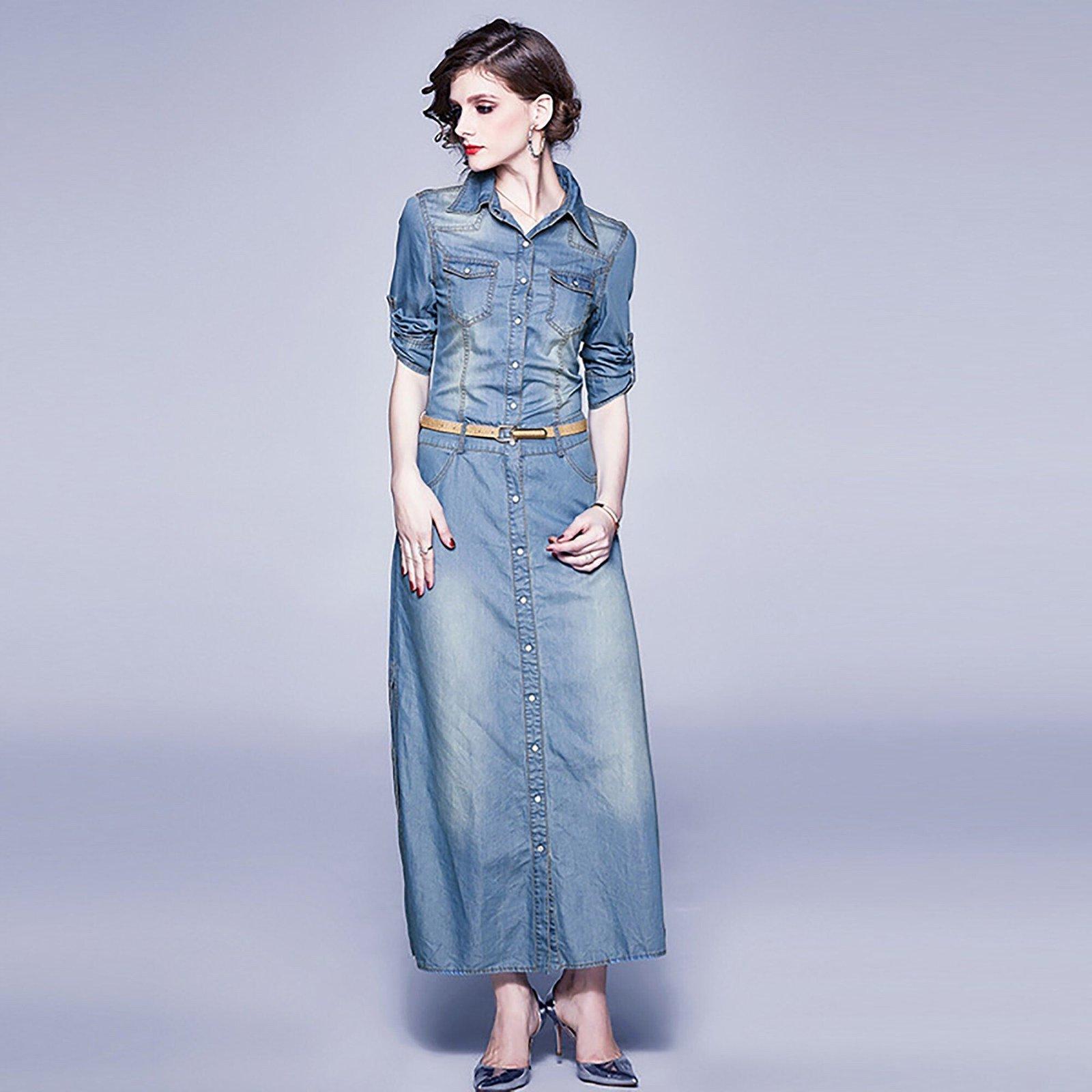 Women Denim Long Dress with Pocket Casual Short Sleeve Button Down Dress  Slim Waist Belt Jean Jacket Deep Blue XXS at Amazon Women's Coats Shop